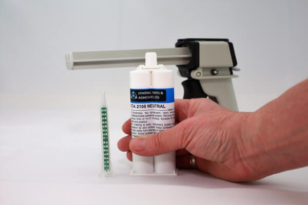 Trial kits for two part adhesives with applicator gun and nozzle - out of the box
